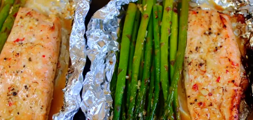 Garlic butter sauce in roasted asparagus
